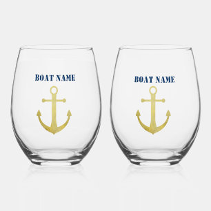 Nautical Boat Name,Gold Anchor Stemless Wine Glass