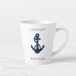 Nautical Boat Name Navy Blue Anchor Captain Latte Mug