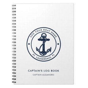 Nautical Boat Name Navy Blue Anchor Captain's Log Notebook