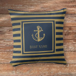 Nautical Boat Name Navy Blue And Gold Striped Cushion<br><div class="desc">A nautical design featuring an anchor,  stylish navy blue and gold stripes and personalised with your boat name. Designed by Thisisnotme©</div>
