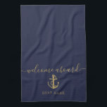 Nautical Boat Name Navy Blue Gold Welcome Aboard Tea Towel<br><div class="desc">Elegant personalised welcome aboard design featuring your boat or captain's name set in classic gold text on a navy blue background. Designed by Thisisnotme©</div>