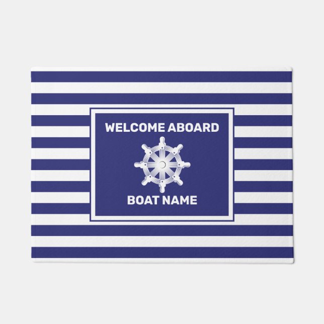 Nautical Boat Name Navy Blue Striped Door Mat (Front)