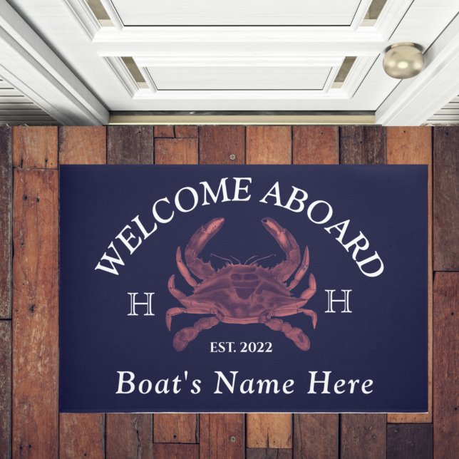 Nautical Boat Name Red Crab Welcome Navy Blue Doormat (Creator Uploaded)