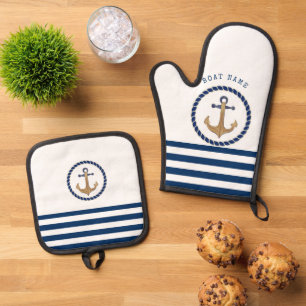 Nautical Boat Name,Retro Anchor Navy Blue Striped  Oven Mitt & Pot Holder Set