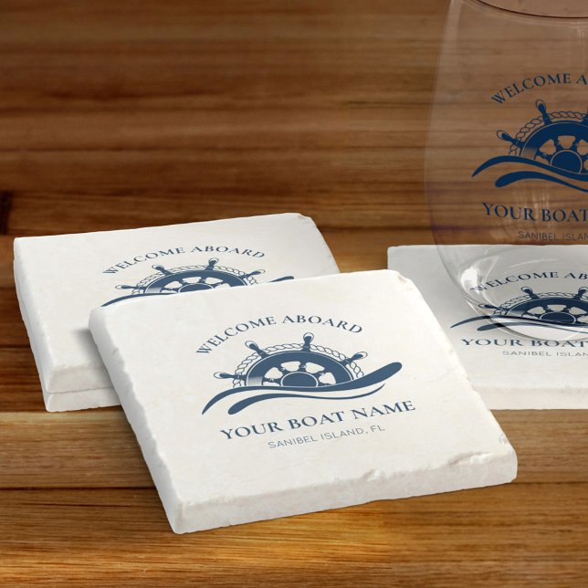 Nautical Boat Name Ship Wheel Welcome Aboard  Stone Coaster (Creator Uploaded)
