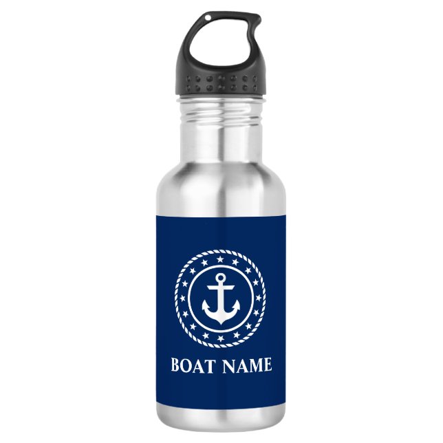 Nautical Boat Name Stars Rope Anchor Navy Blue 532 Ml Water Bottle (Front)
