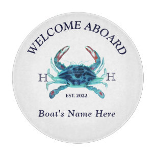 Nautical Boat Name Teal Crab Welcome Navy Blue Cutting Board