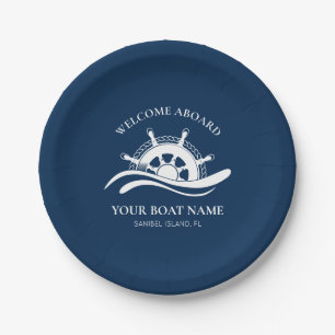 Nautical Boat Name Welcome Aboard Ship Wheel Navy Paper Plate