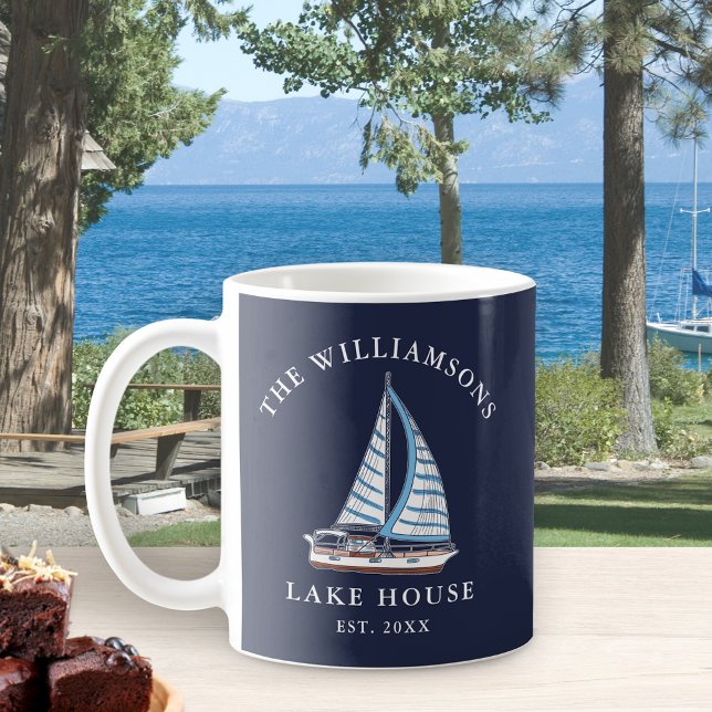 Nautical Boat Navy Blue Family Name Lake House Coffee Mug (Creator Uploaded)