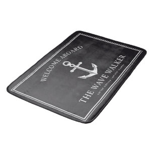 Nautical Boat Welcome Bright Black and White Bath Mat