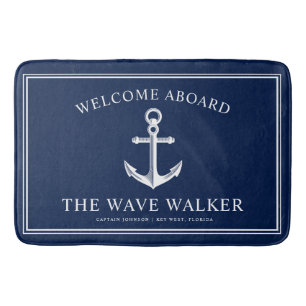 Nautical Boat Welcome   Navy and White Bath Mat