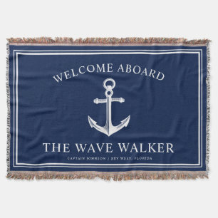 Nautical Boat Welcome   Navy and White Throw Blanket