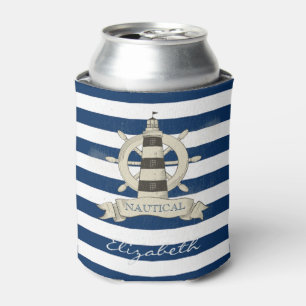 Nautical,Boat Wheel,Blue and White Stripes Can Cooler