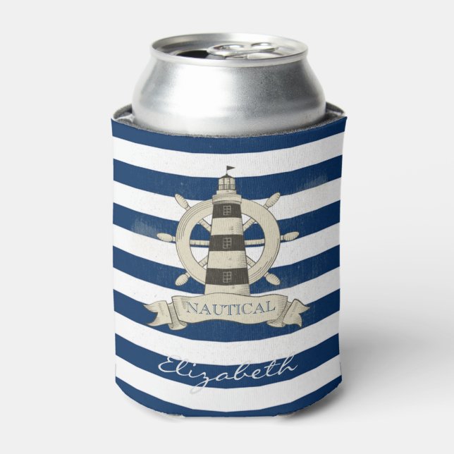 Nautical,Boat Wheel,Blue and White Stripes Can Cooler (Can Front)