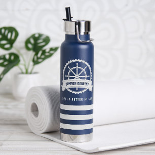 Nautical Boat Wheel Nave Blue Personalised Water Bottle