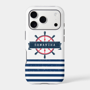 Nautical Boat Wheel, Navy Blue Stripes