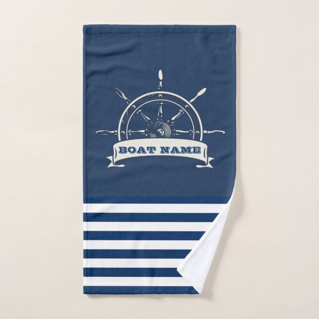 Nautical Boat Wheel, Navy Blue Stripes Bath Towel Set (Hand Towel)