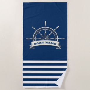 Nautical Boat Wheel, Navy Blue Stripes Beach Towel
