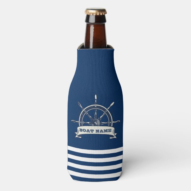 Nautical Boat Wheel, Navy Blue Stripes Bottle Cooler (Bottle Front)