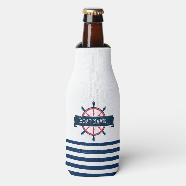 Nautical Boat Wheel, Navy Blue Stripes Bottle Cooler (Bottle Front)