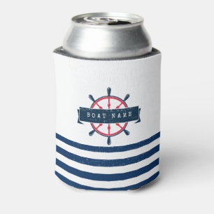 Nautical Boat Wheel, Navy Blue Stripes Can Cooler