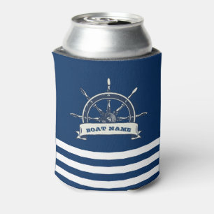Nautical Boat Wheel, Navy Blue Stripes Can Cooler
