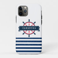 Nautical Boat Wheel, Navy Blue Stripes
