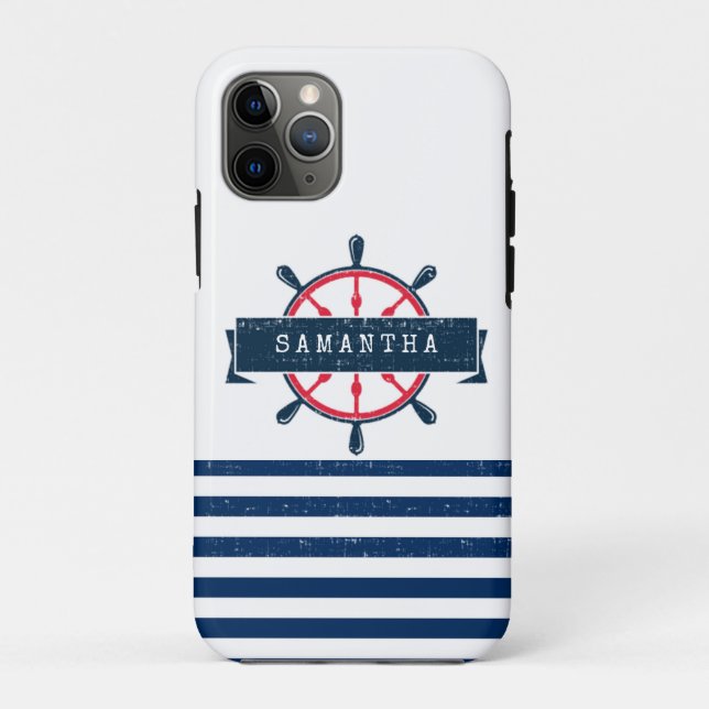 Nautical Boat Wheel, Navy Blue Stripes Case-Mate iPhone Case (Back)