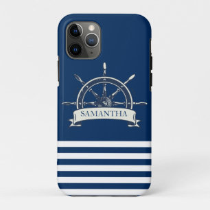 Nautical Boat Wheel, Navy Blue Stripes Case-Mate iPhone Case