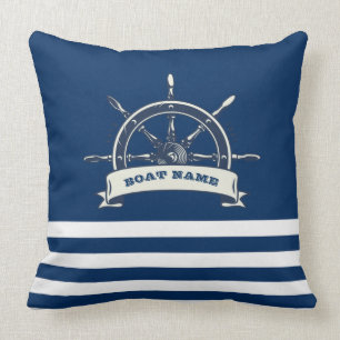 Nautical, Boat Wheel, Navy Blue Stripes Cushion
