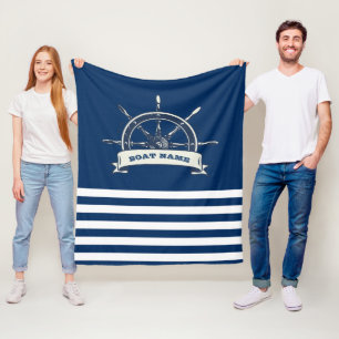 Nautical, Boat Wheel, Navy Blue Stripes Fleece Blanket