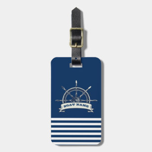 Nautical Boat Wheel, Navy Blue Stripes Luggage Tag