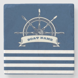 Nautical Boat Wheel, Navy Blue Stripes Stone Coaster