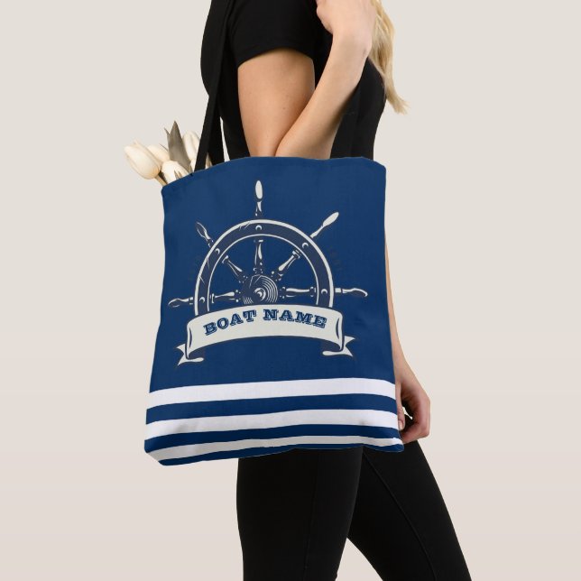 Nautical Boat Wheel, Navy Blue Stripes Tote Bag (Close Up)