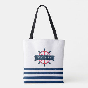 Nautical Boat Wheel, Navy Blue Stripes Tote Bag