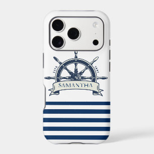 Nautical, Boat Wheel, Navy Blue White Stripes