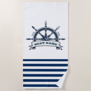 Nautical Boat Wheel, Navy Blue White Stripes Beach Towel
