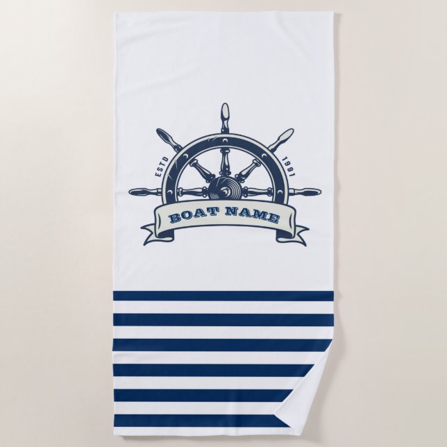 Nautical Boat Wheel, Navy Blue White Stripes Beach Towel (Front)