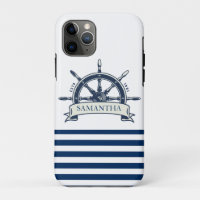 Nautical, Boat Wheel, Navy Blue White Stripes