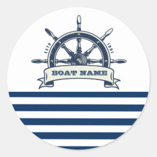 Nautical Boat Wheel, Navy Blue White Stripes Classic Round Sticker