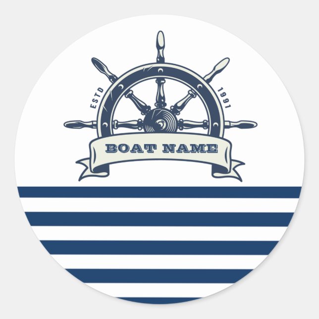 Nautical Boat Wheel, Navy Blue White Stripes Classic Round Sticker (Front)