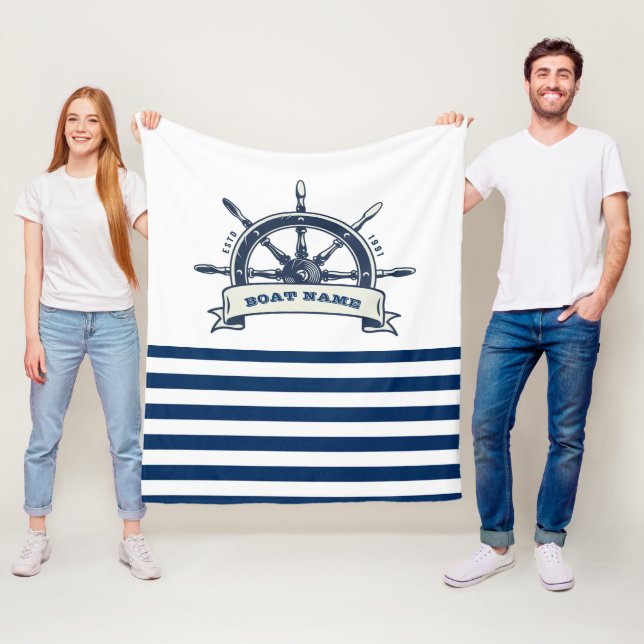 Nautical, Boat Wheel, Navy Blue White Stripes Fleece Blanket (In Situ)