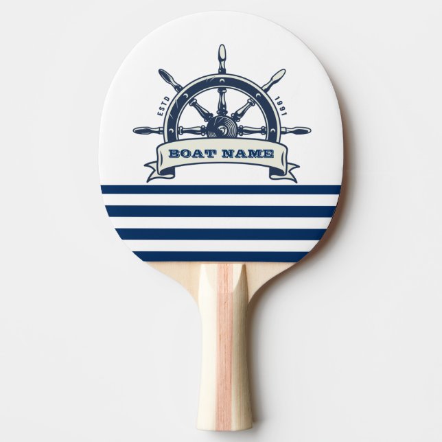 Nautical Boat Wheel, Navy Blue White Stripes Ping Pong Paddle (Front)