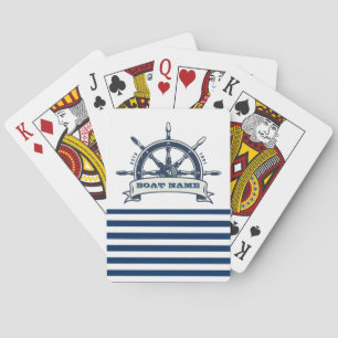 Nautical Boat Wheel, Navy Blue White Stripes Playing Cards
