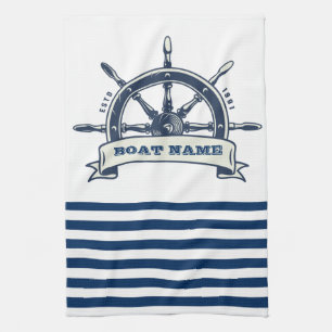 Nautical Boat Wheel, Navy Blue White Stripes Tea Towel