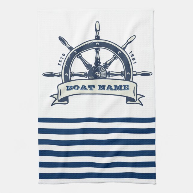 Nautical Boat Wheel, Navy Blue White Stripes Tea Towel (Vertical)