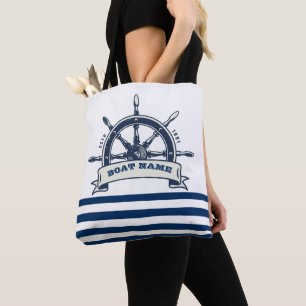 Nautical Boat Wheel, Navy Blue White Stripes Tote Bag
