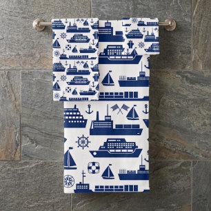 Nautical Boats Pattern Towel Set, White and Blue 