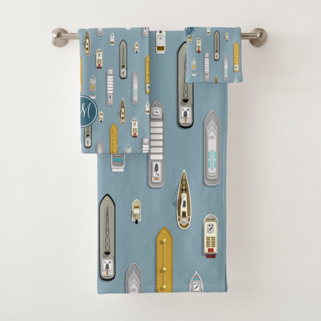 Nautical boats ships On the River blue monogrammed Bath Towel Set (Insitu)