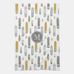 Nautical boats ships On the River white w monogram Tea Towel